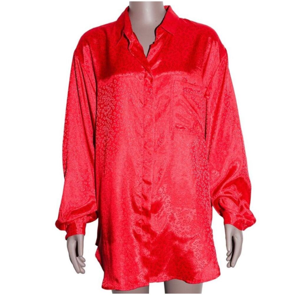 Red Satin Jacquard‎ Oversized Shirt Long Sleeve Button Down Mens Unisex Size M